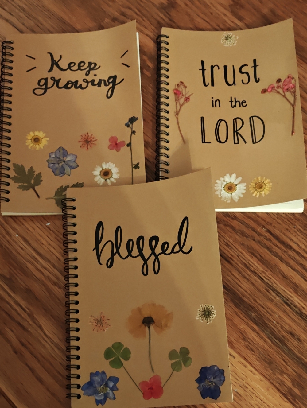Dried Flowers Handmade Journals. Set Of 3 Spiral Journal.